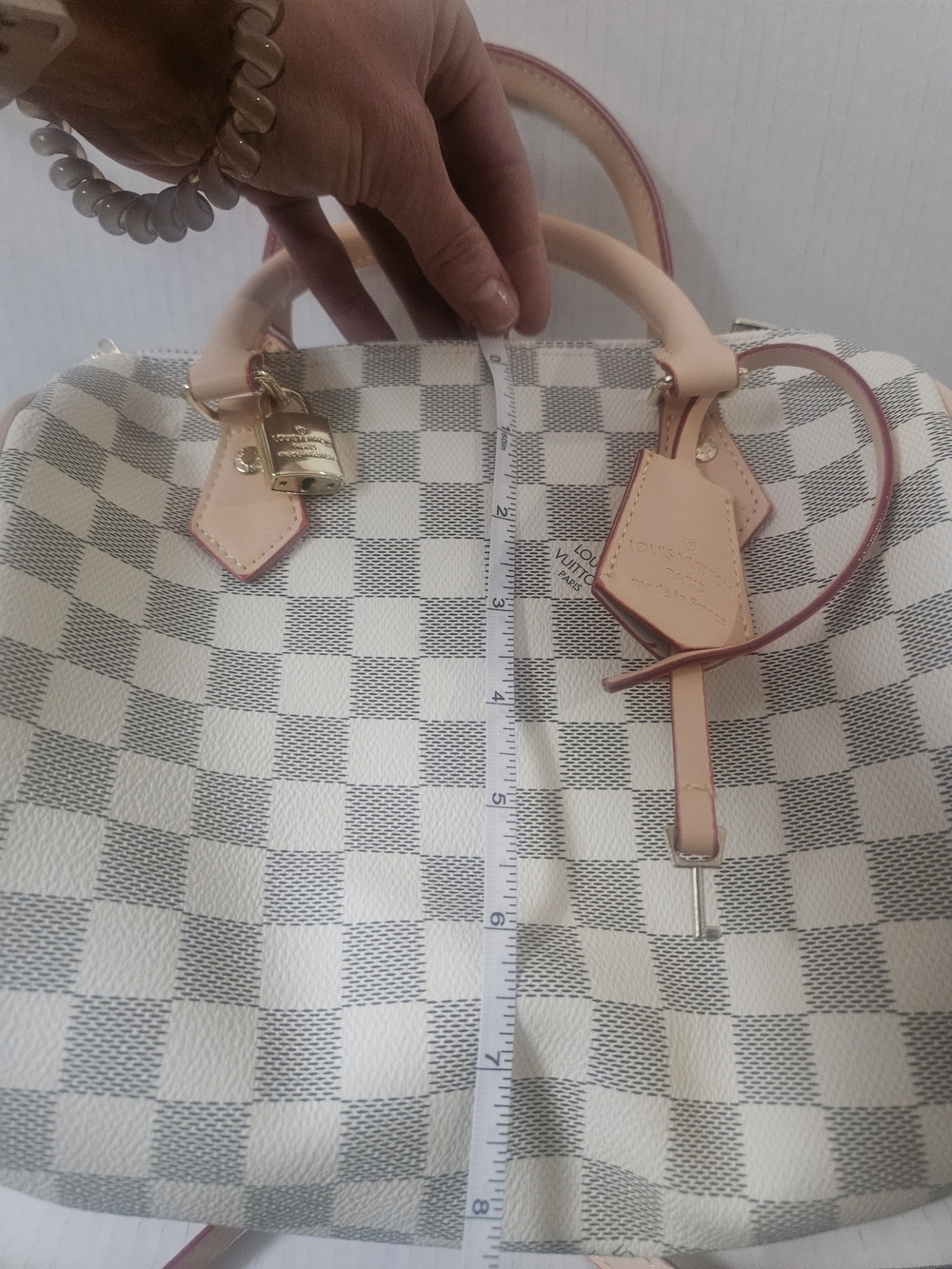Cream Checkered Women's Satchel Bag with Leather Trim Speedy 25 - Picture 9 of 11